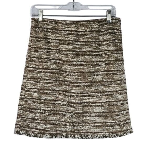Badgley Mischka Frayed Hem Boucle Mini Skirt Sz M Brown Metallic Stretch Waist - Picture 1 of 11